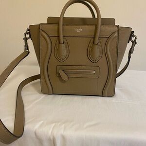 Celine Taupe Brown Mini Luggage Tote with Crossbody Strap